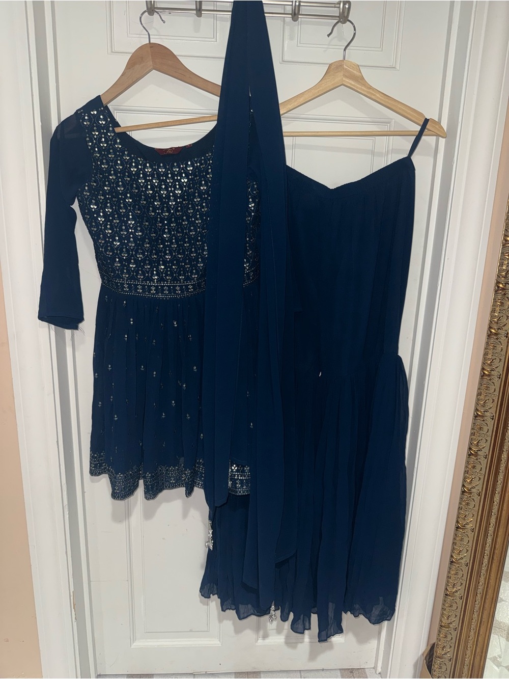 Navy Embellished Women’s Sharara Dress Set with Scarf(duppata)